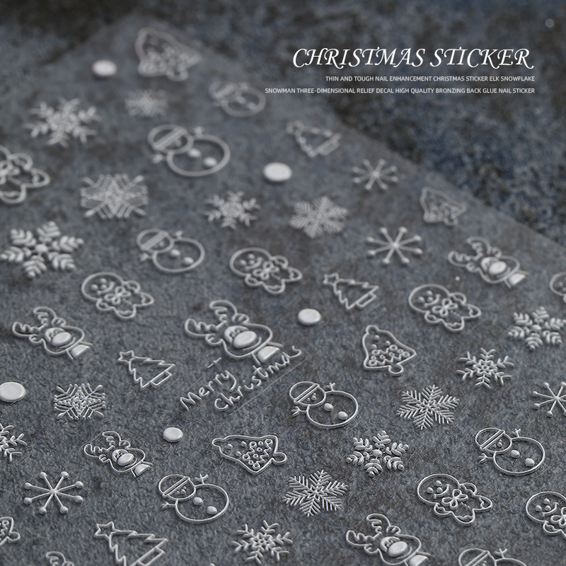 Popular en línea popular japonés copo de nieve uñas pegatinas Navidad muñeco de nieve otoño e invierno popular alivio tridimensional Año Nuevo alces de alta gama
