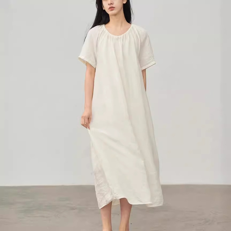 2025 Summer New White High-End Imported Full Linen Dress for Petite Women, Ramie Japanese Style Artistic Long Dress
