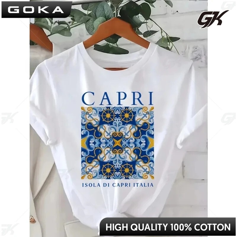 Women's Casual Round Neck Fun Pattern Print Capri Island Four Seasons Short-Sleeved Top Loose Casual Fashion Y2K Women's Casual Round Neck Fun Pattern Print Capri Island Four Seasons Short-Sleeved Top Loose Casual Fashion Y2K