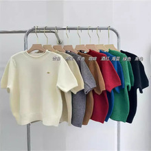 基础小标纯色圆领短袖针织衫女2024秋季新款软糯百搭显瘦毛衣上衣