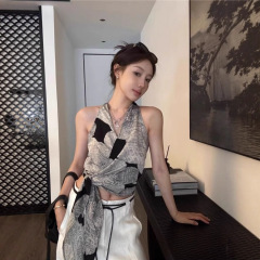 复古交叉挂脖v领印花绑带无袖背心女夏天设计感收腰显瘦气质上衣