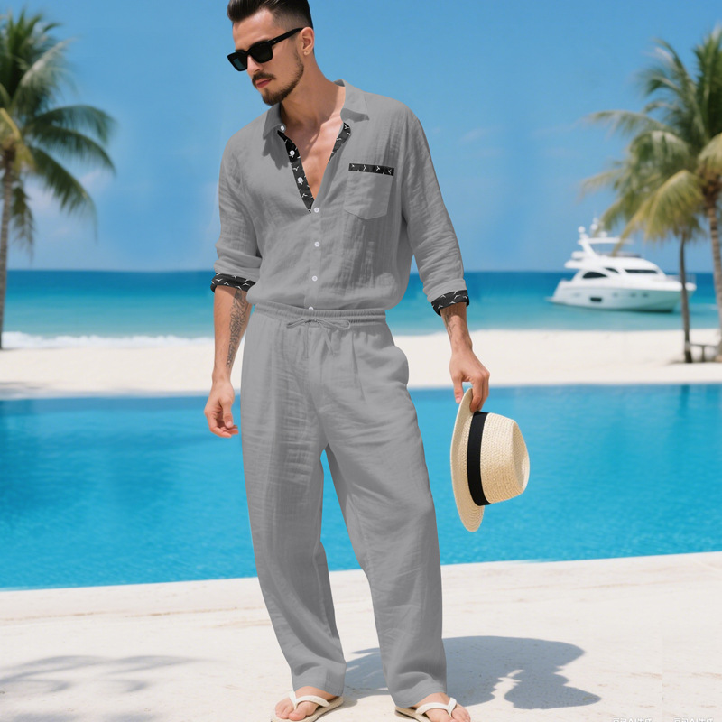 Completo autunnale da uomo in lino, camicia casual da uomo in stile old money, pantaloni a maniche lunghe, completo da uomo a due pezzi_voghion.com