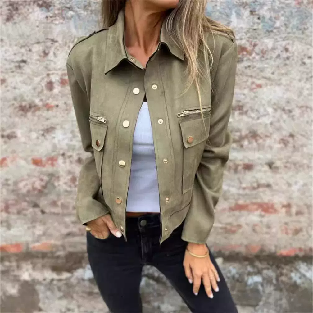 2024跨境外贸亚马逊独立站麂皮绒外套翻领长袖夹克金属拉链外套女