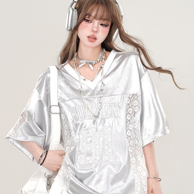 American Retro Stitching White V Neck Lace Right Shoulder Short-Sleeved T-Shirt Women's Summer New Loose Sports Couple Tops