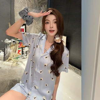 冰雪丝睡衣女夏季新款开衫翻领短袖短裤甜美时尚冰丝家居服套装