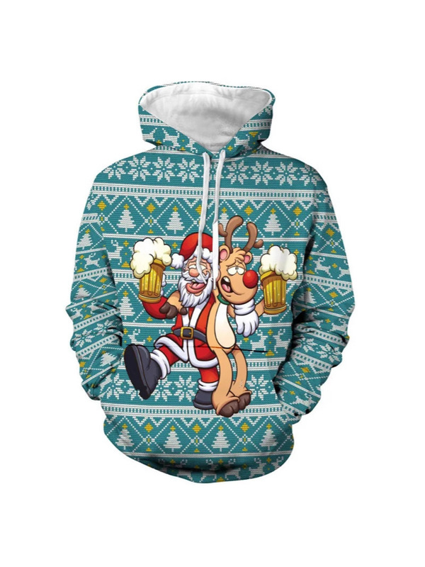 2025 Funny Santa Elk Beer 3D Print Unisex Hoodie Sports Fashion Christmas Clothing