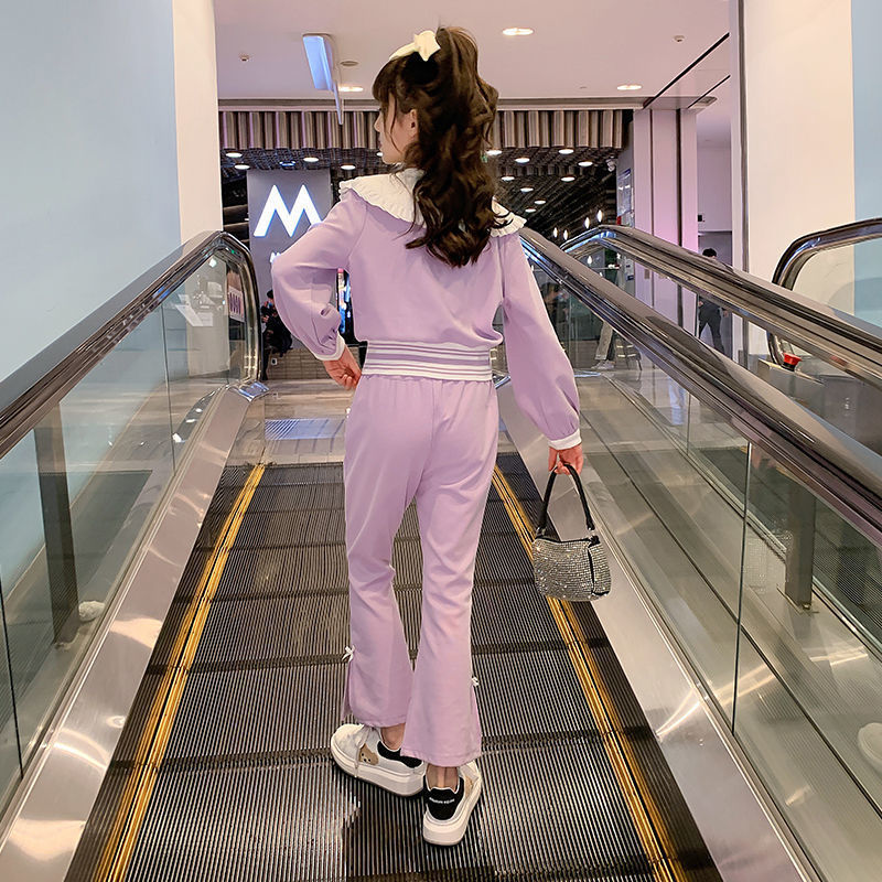 여자 봄 정장 2024 새로운 스타일 어린이 대학 스타일 카디건 플레어 바지 어린 소녀 캐주얼 투피스 세트