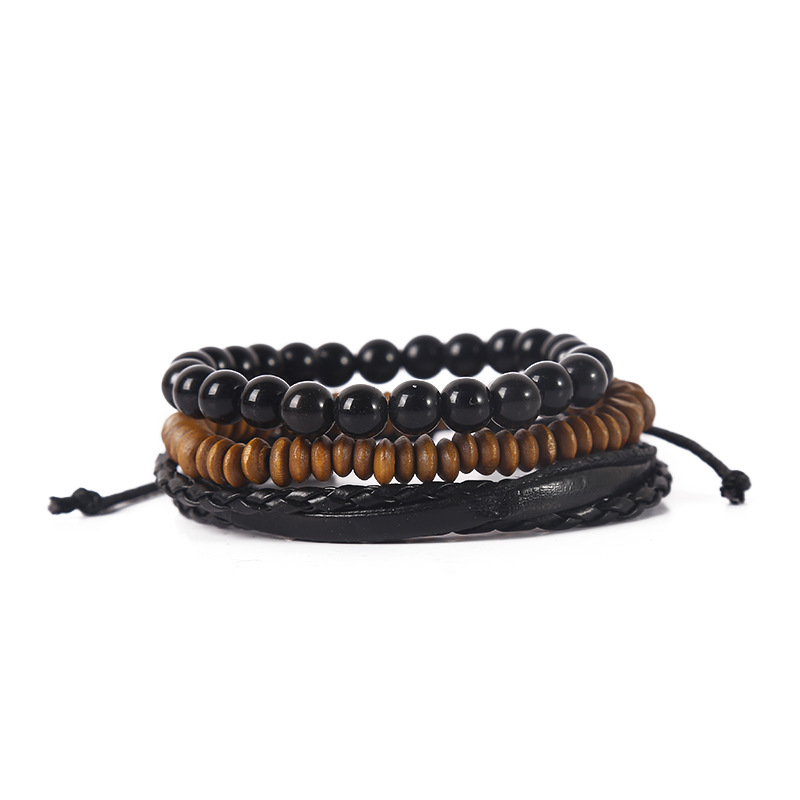 2025 European and American New Three-Piece Set DIY Bracelet Retro Genuine Leather Wooden Beads Leather Bracelet Men's Jewelry Accessories Wholesale