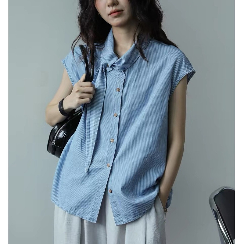 Light Blue Stylish Striped Sleeveless Shirt for Women, New Summer Style with Tie, Simple and Fashionable Top
