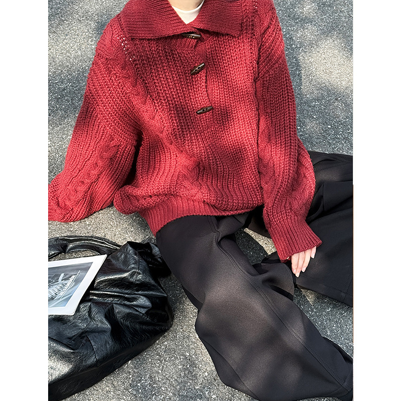 Orange-Colored Winter Pullover Knitted Sweater with Horn Buttons, Turn-Down Collar, Long Sleeves, Loose Fit Women's Top 839 Horn Buttons Orange-Colored Winter Pullover Knitted Sweater with Horn Buttons, Turn-Down Collar, Long Sleeves, Loose Fit Women's Top 839 Horn Buttons