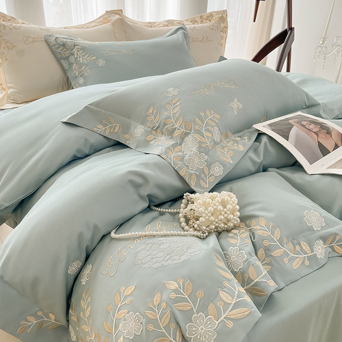 Light luxury 100-count long-staple cotton four-piece set of high-end pure cotton sheets and duvet covers, cotton embroidered four-season bedding 4