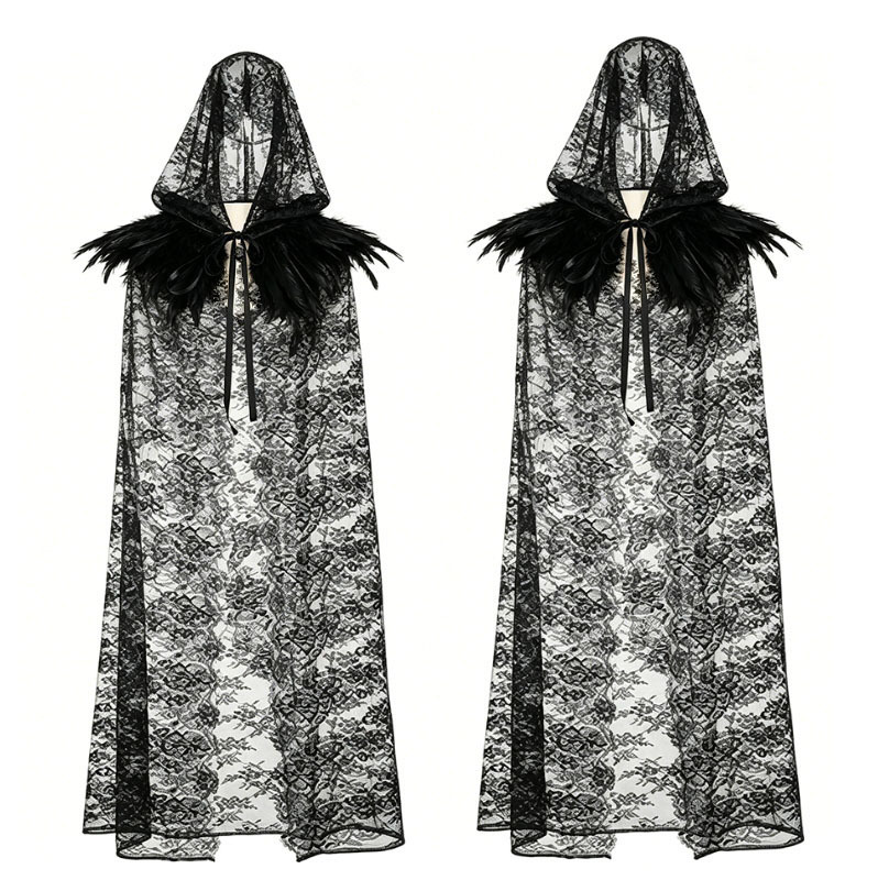 Halloween Dark Feather Lace Hooded Cloak Witch Party Cosplay Atmosphere Costume Long Cape Stage Outfit*
