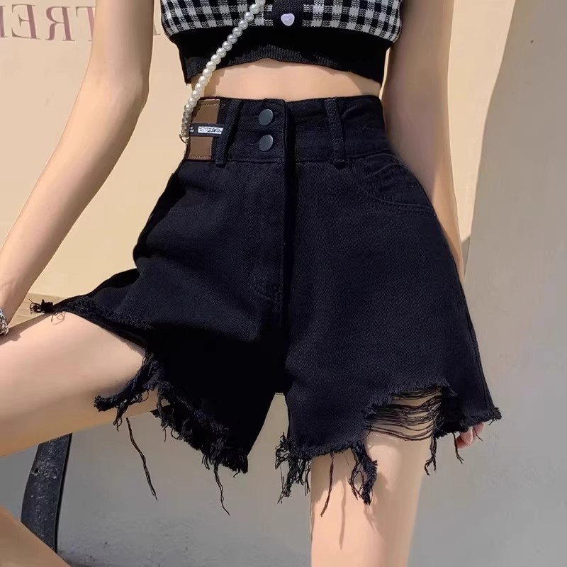 ブラックリップドワイドレッグデニムショートパンツ女性のための夏の2025新しい大きいサイズハイウエストAラインローエッジホットパンツイントレンド|undefined