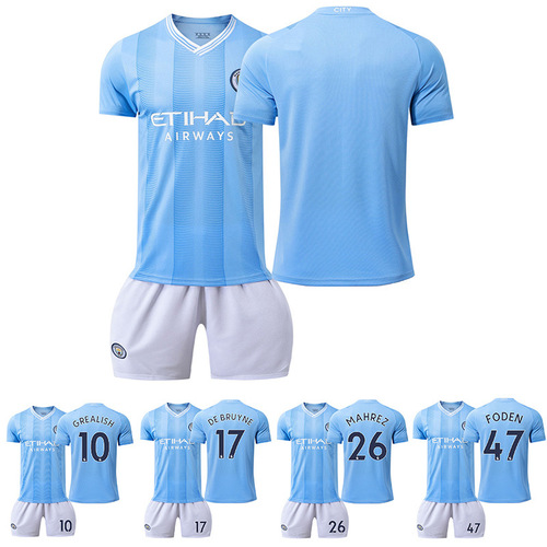 New /2024 Manchester City Home Football Kit with Player Numbers: Harry Kane (9), Raheem Sterling (10), and Jack Grealish (17) De Bruyne Football Suit Set