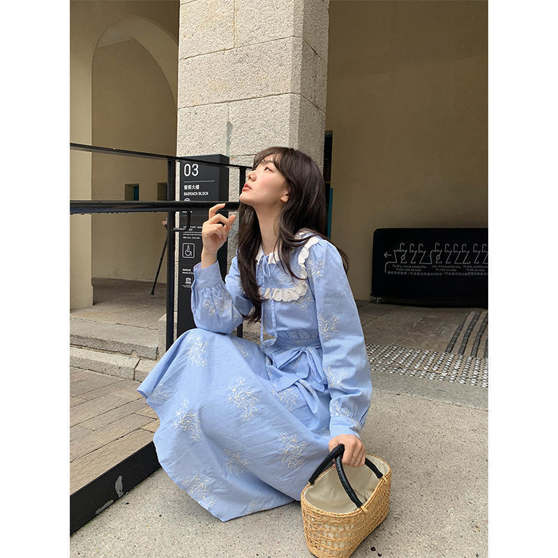Lace Embroidered Dress with Tie Collar for Women, Spring 2025 New Style, Waist-Cinching, Slimming, Elegant A-Line Long Dress