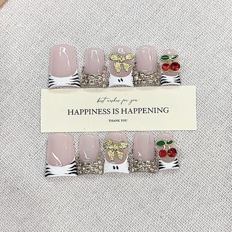 Daiyueda Pure Handmade Wearable Nails New Short Duckbill Leopard Print Cherry Elegant Painting French Manicure Patch Daiyueda Pure Handmade Wearable Nails New Short Duckbill Leopard Print Cherry Elegant Painting French Manicure Patch
