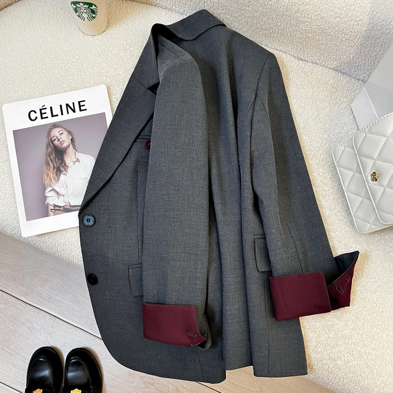 Gray Korean Style Loose Casual Suit Jacket for Women 2025 Spring and Autum New Fashion Design Slim Suit