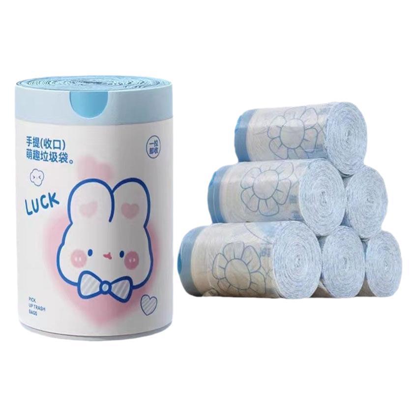 Caricatura encantadora de alta cara conejo de corazón azul tipo cuerda de dibujo de cocina doméstica portátil engrosado bolsa de basura impresa 100