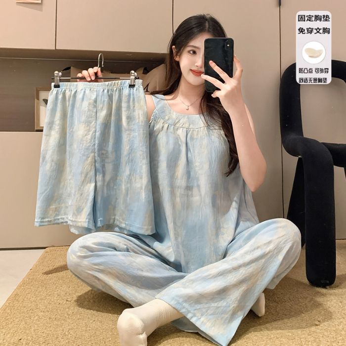 Nuevo pijama de tirantes sin mangas de estilo chino para mujer, algodón de nube delgada de verano, almohadilla para el pecho, ropa para el hogar, traje de tres piezas