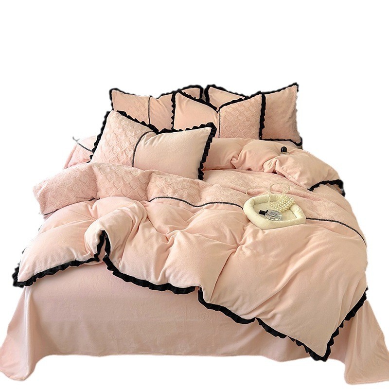 Nuevo estilo tridimensional de piel de conejo de imitación de amor, conjunto de cuatro piezas de terciopelo de leche, ropa de cama cálida de otoño e invierno de estilo europeo, funda de edredón de sábanas