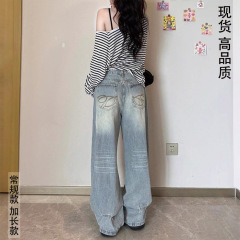 2025新款美式复古水洗猫须做旧口袋刺绣牛仔裤男女宽松休闲直筒阔