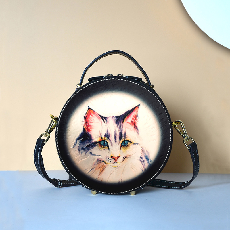 Tiaopijiang Women's Crossbody Bag - Summer Versatile Small Round Handbag, Designer Niche Genuine Leather Hand-Carved Bag - Thumbnail 8