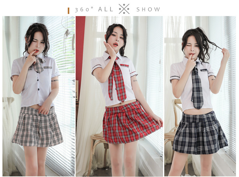 British Plaid Student Uniform Costume Set with Top, Tie and Skirt — detail image 5
