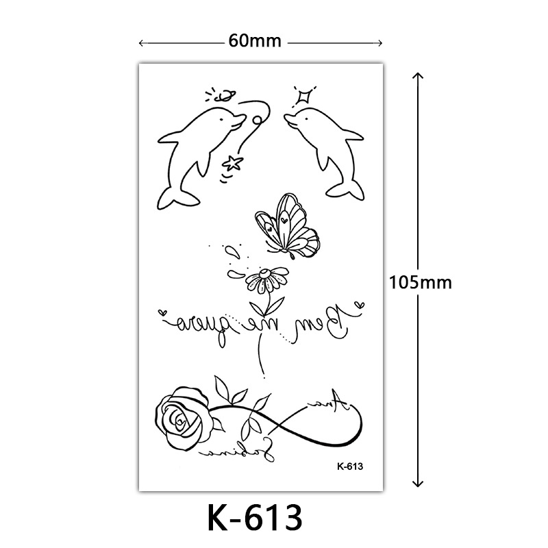 Pequeñas pegatinas de tatuaje frescas letras inglesas flores mariposas líneas de boceto pegatinas de tatuaje impermeables tatuaje
