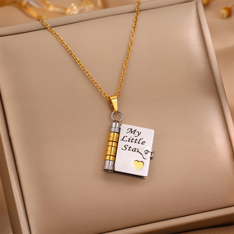 Cross-Border Popular Titanium Steel Love Letter Couple Necklace for Women, Non-Fading, Openable Heart-Shaped Engraved Book Clavicle Chain Wholesale