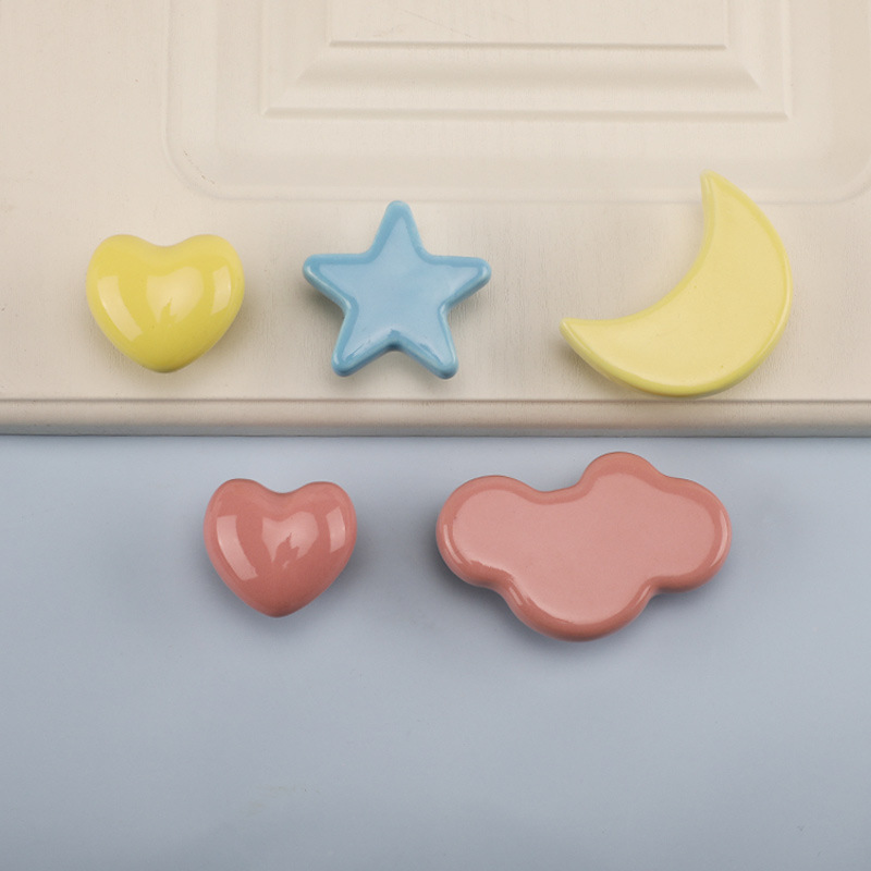 Cute Cartoon Ceramic Colored Handles for Kids' Room: Adorable Star-Shaped Wardrobe Door & Drawer Pulls, Featuring Seashell, Cloud, and Minimalist Designs