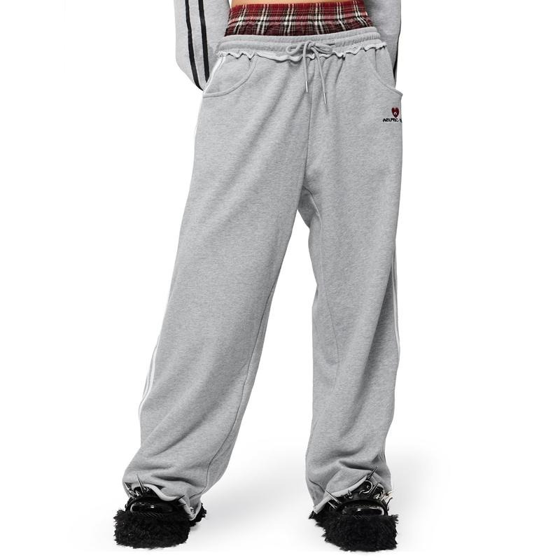 TK American Style Gestreifte, bestickte Sport-Freizeithose, lockere Passform, Unisex, doppelter Bund, Fake-Zweiteiler-Jogginghose_voghion.com