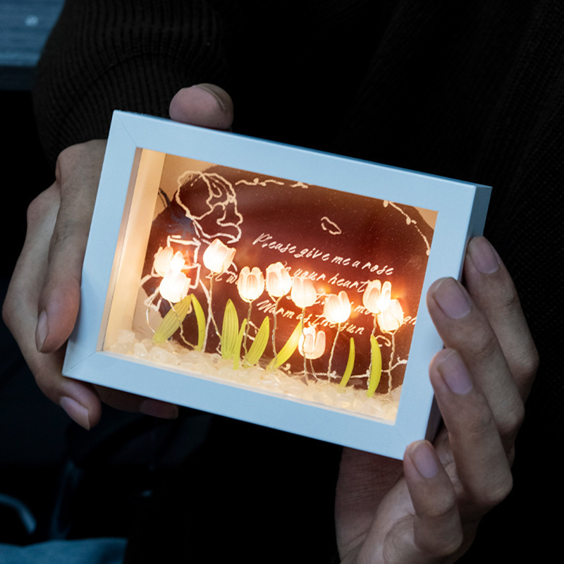 Tulipanos marcos de luz nocturna DIY decoración creativa personalizada para la novia Qixiao regalo marco tridimensional hecho a mano