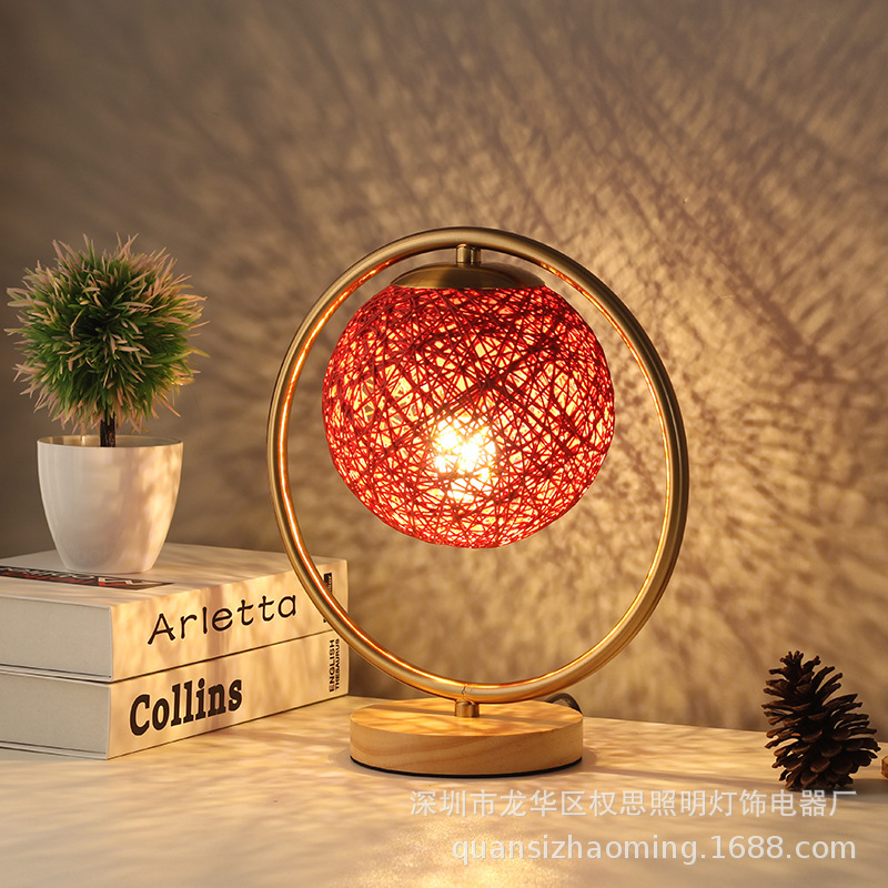 Supply Quan Si Red hemp rattan decorative desk lamp cross-border modern simple bedroom wedding room romantic warm bedside desk lamp