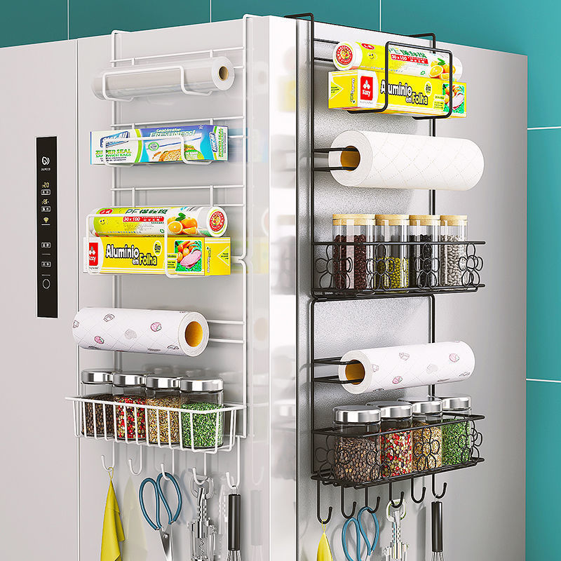 Estante de almacenamiento de refrigerador colgante lateral multifuncional toallas de cocina bolsa de película conservante condimento estante de almacenamiento para suministros domésticos