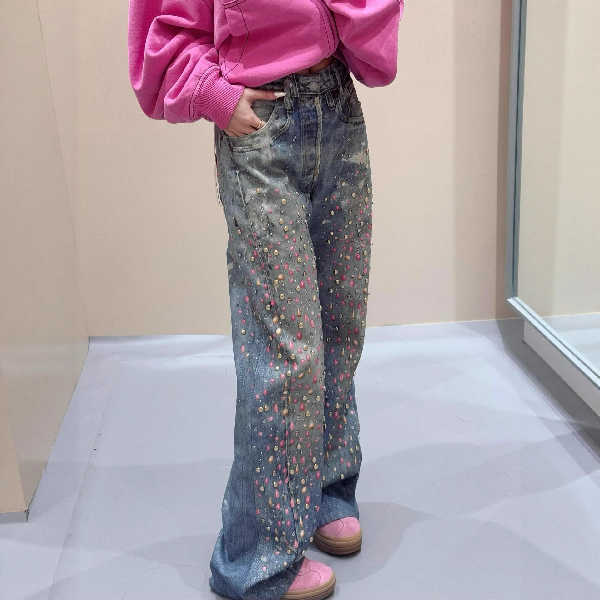 Abbigliamento donna Stile donna Jeans in denim resistenti con borchie e stampa 3D a blocchi di colore Pantaloni larghi a gamba larga Hot Girl Moda autunnale_voghion.com