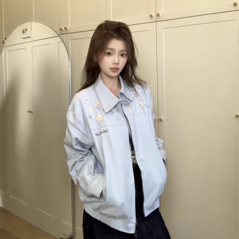 Trendy Autumn Floral Embroidered Lapel Jacket for Women, Chinese Style Casual Loose Sweet Girl Versatile Trendy Short Top