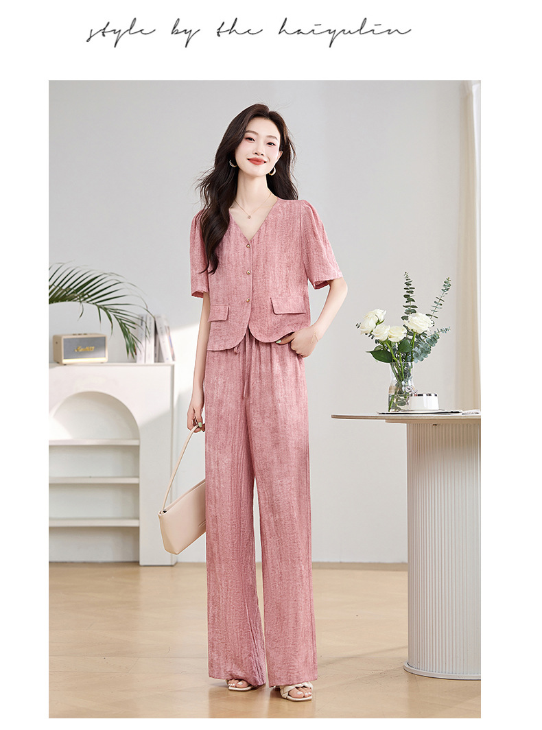 Bộ đồ công sở nữ mùa hè áo vest nhỏ phối quần ống rộng hai mảnh HE9837 — Màu hồng, Màu Kaki chi tiết 16