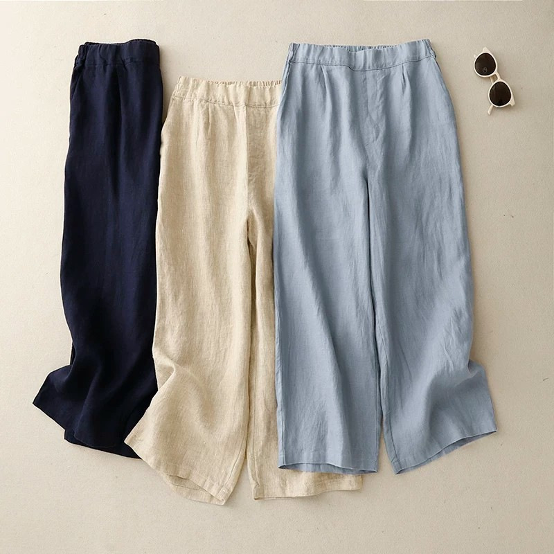 Slimming Straight-Leg Cotton-Linen Cropped Wide-Leg Pants for Women, Summer Loose Fit, Plus Size, Elastic High Waist, Cotton-Linen Material, Cropped Pants