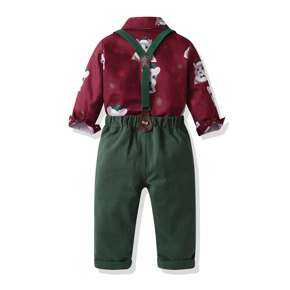Christmas traje de niño europeo y americano estampado de animales manga larga camisa de Navidad con tirantes traje de dos piezas para niños