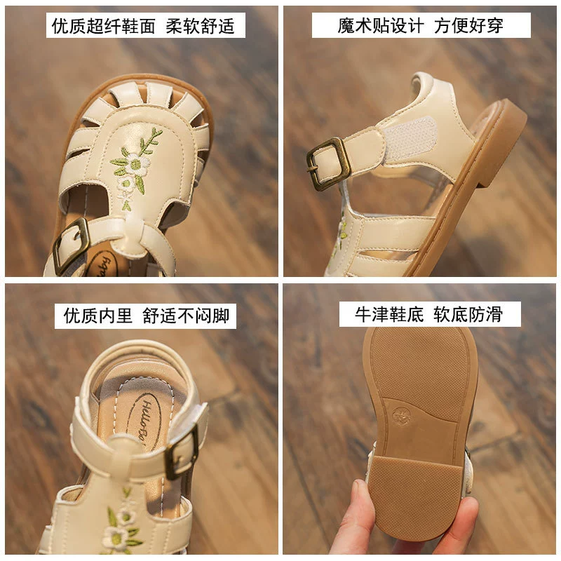 Summer bag, children's footwear, sandals, small princess costume, soft sole, with embroidery, Korean style