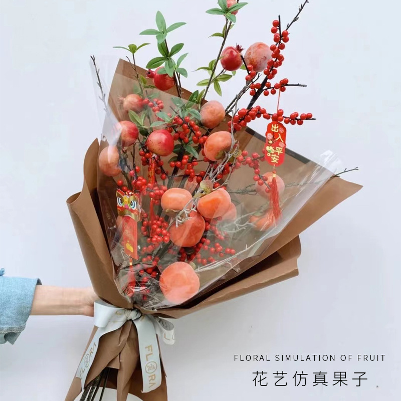 2025 flor artificial, decoración de fruta de granada, mesa de sala de estar, porche, fruta de caqui, flor falsa, rama de fruta dorada, arreglo floral