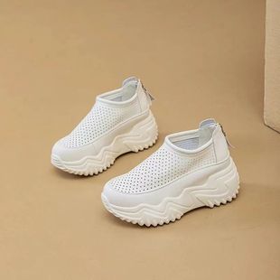 Women's Summer New Versatile Hollow Breathable Hole Slip-On Thick-Soled Thin Dad Shoes with Internal Height Increase
