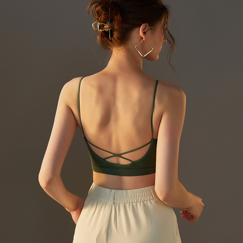 순면 여성용 크로스백리 얇은 브라탑, 가슴 패드 내장, 조끼 스타일, 작은 가슴을 위한 푸쉬업 브라탑
