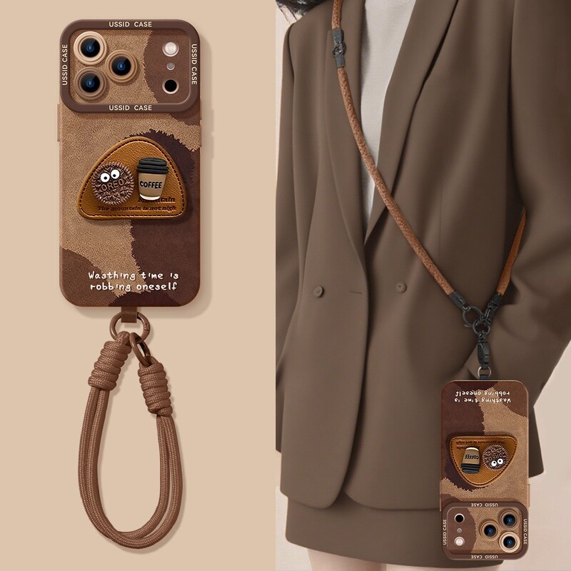 Coal Ball Coffee Suitable for Apple 17Promax with Lanyard 16 Crossbody 15 Retro 13 Autumn and Winter Brown Soft Cover Mobile Phone Case