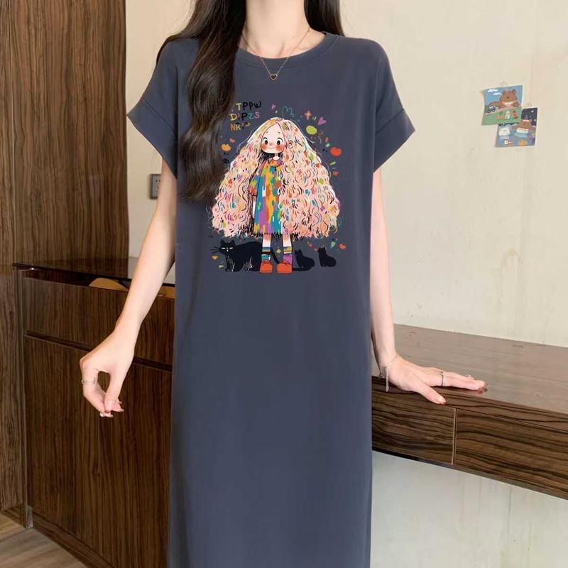 プラスサイズの女性のTシャツドレス夏韓国風小柄な人向けの服、少し太ったmmのお腹をカバーし、スリムに見せるロングスカート|undefined