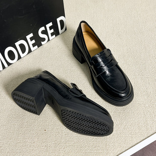 New Retro Thick Heel Loafers Women's Slip-on Round Toe Single-layer Shoes Commuter All-match Lazy JK Small Leather Shoes with Inner Height