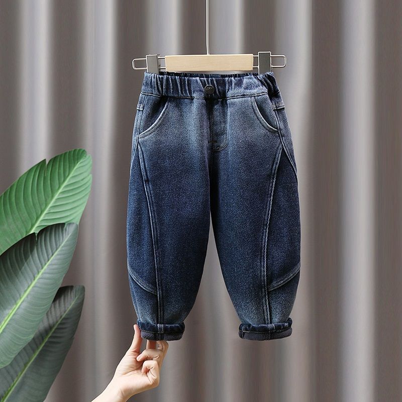Boys plus velvet jeans autumn and winter new style small and medium-sized children's thickened integrated velvet casual pants baby winter warm pants