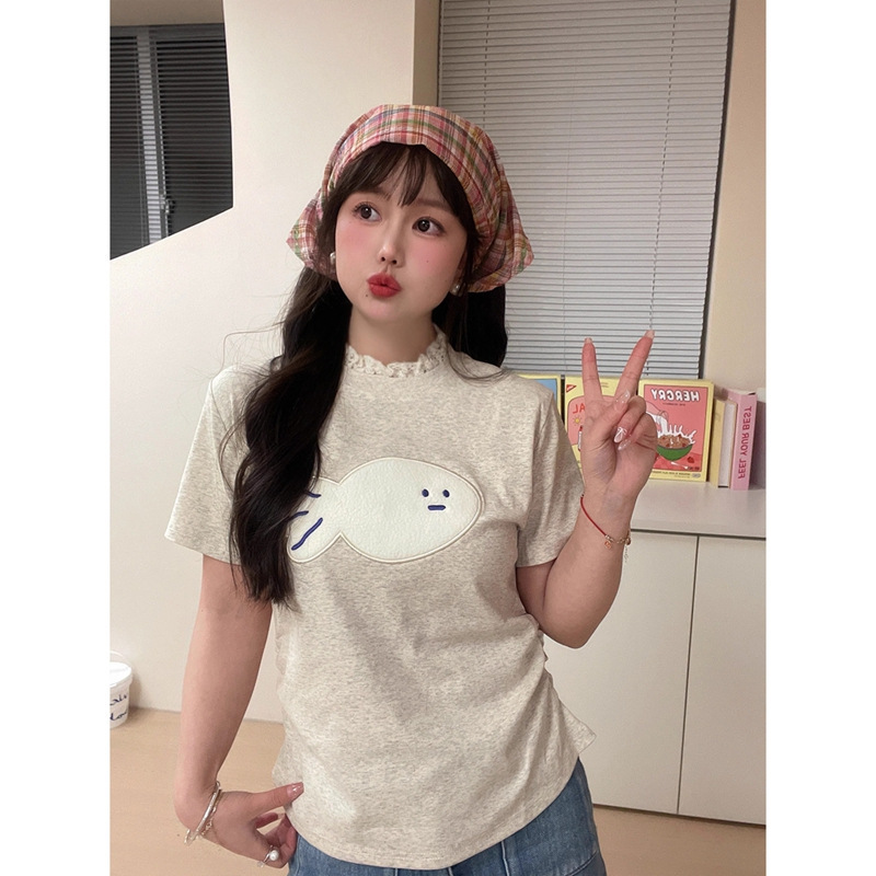 Sweet Girl Style Lace Nline Shoulder Short-sleeved T-shirt Women's 2024 Summer New Korean Niche All-match Casual Top Sweet Girl Style Lace Nline Shoulder Short-sleeved T-shirt Women's 2024 Summer New Korean Niche All-match Casual Top