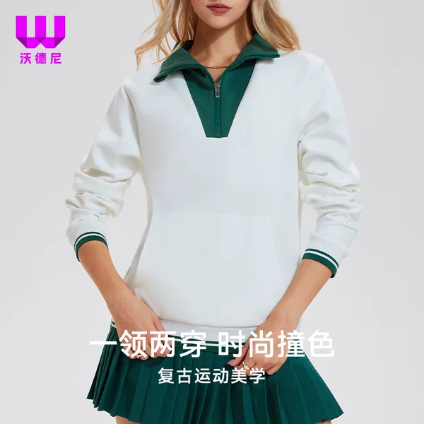 Retro Short-Sleeved Tennis Wear for Women, Sweatshirt with Stand-Up Collar, Half-Zip, Long-Sleeved, Spring and Autumn Fashion, Two-Piece Sports Fitness Wear