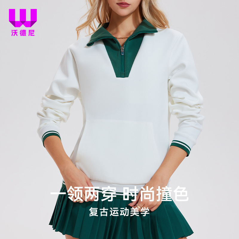 Retro Tennis Wear Women's Sweatshirt Stand-Up Collar Half-Zip Long-Sleeved Spring & Fall Fashionable Lapel Fake Two-Piece Sports Fitness Top Retro Tennis Wear Women's Sweatshirt Stand-Up Collar Half-Zip Long-Sleeved Spring & Fall Fashionable Lapel Fake Two-Piece Sports Fitness Top